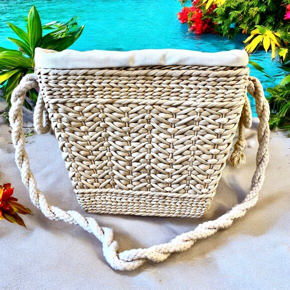 Vintage Hong Kong Straw Woven Shoulder Bag Rope Strap Drawstring Closure - Picture 8 of 14